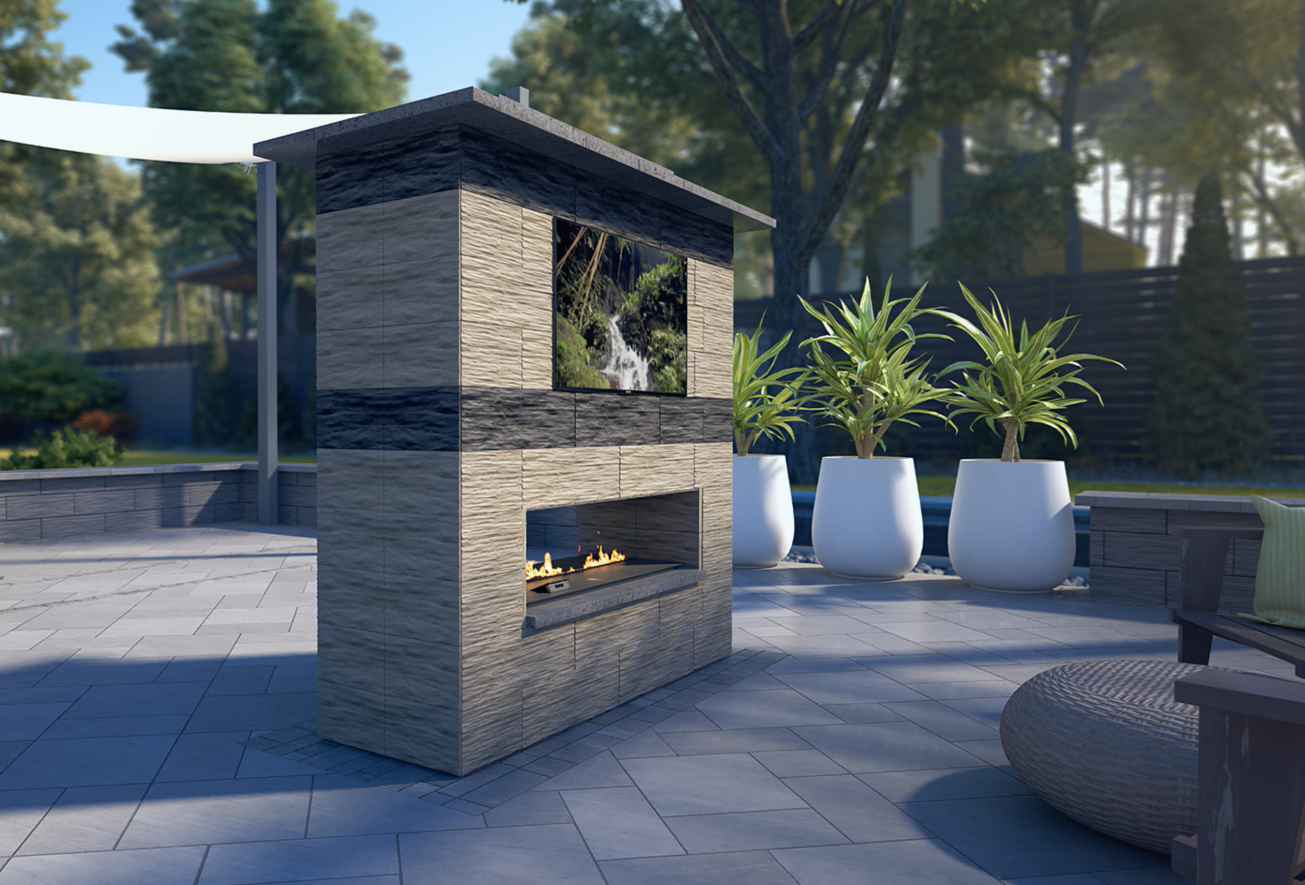 U-Cara Wall system with entertainment and outdoor fireplace